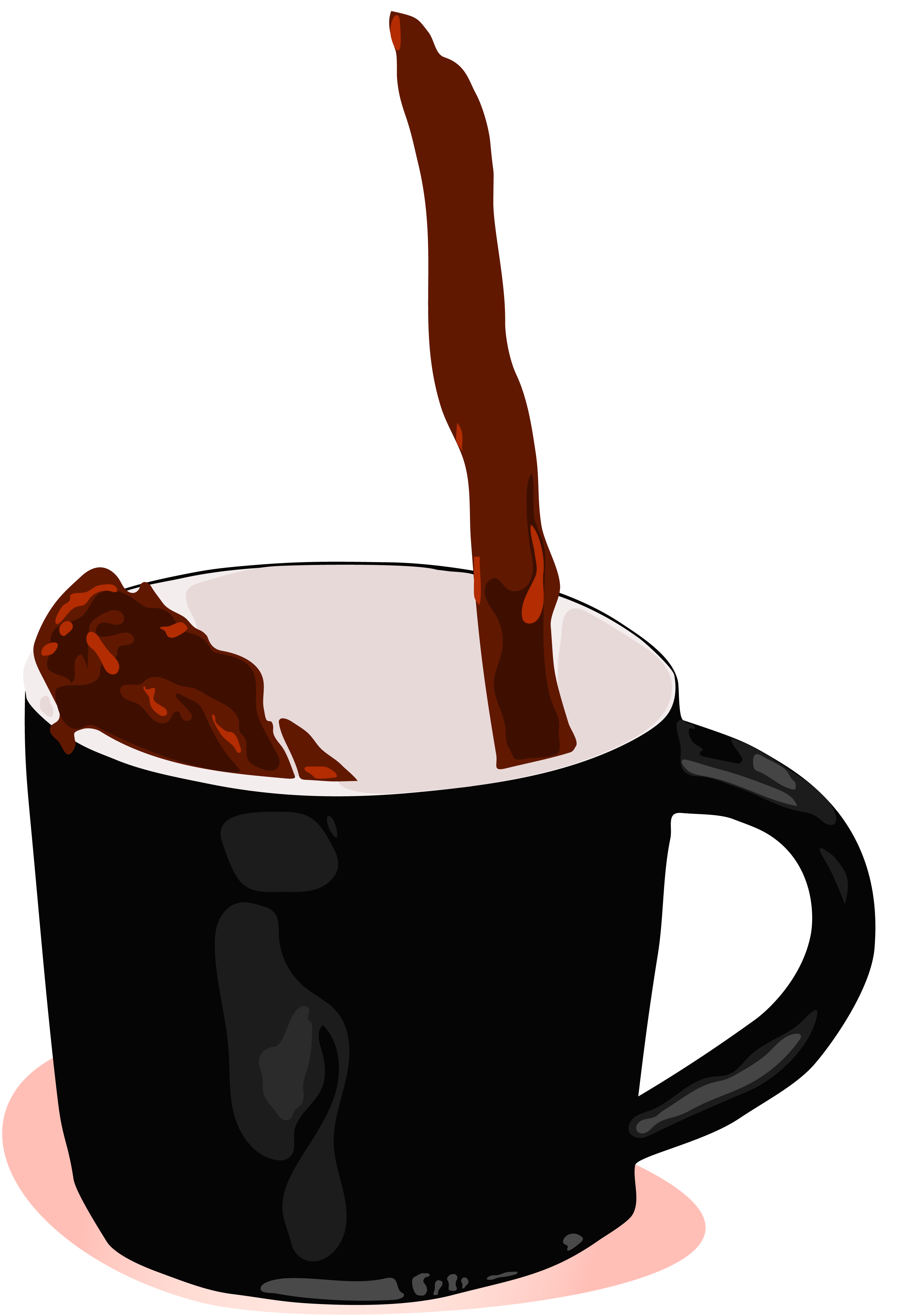 illustration of black coffee pouring out of a black and white mug